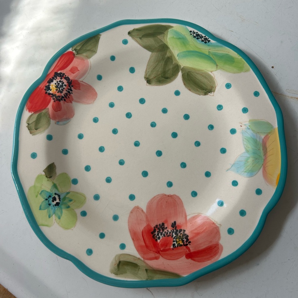 Pioneer Woman Vintage Bloom 10.5" Dinner Plate - Turquoise Floral Polka Dot